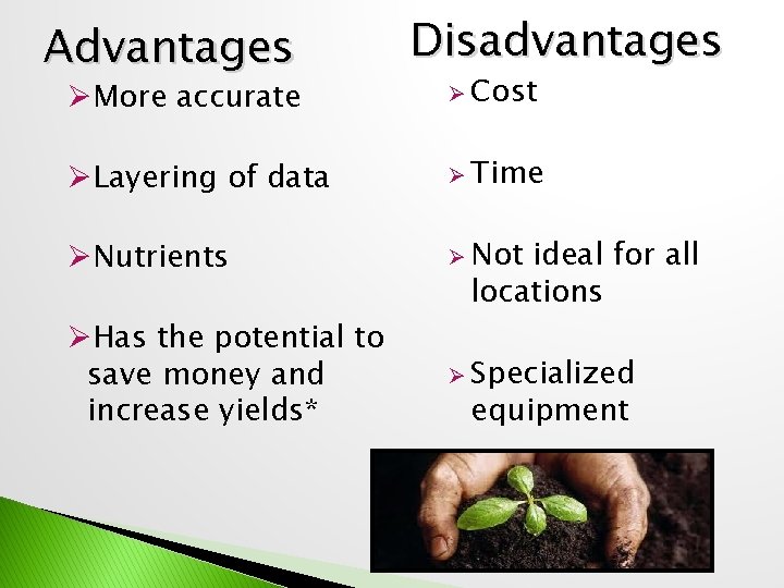 Advantages ØMore accurate Disadvantages Ø Cost ØLayering of data Ø Time ØNutrients Ø Not
