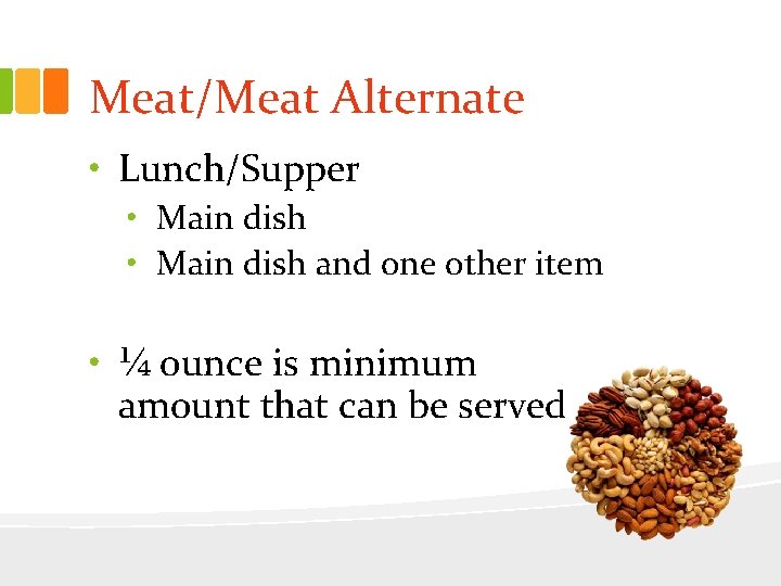 Meat/Meat Alternate • Lunch/Supper • Main dish and one other item • ¼ ounce