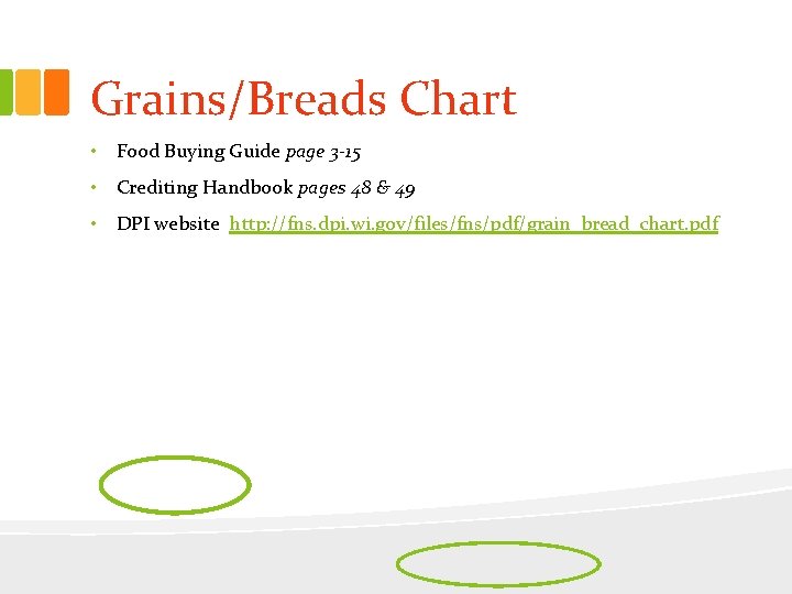 Grains/Breads Chart • Food Buying Guide page 3 -15 • Crediting Handbook pages 48