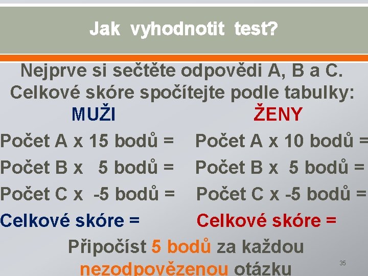 Jak vyhodnotit test? Nejprve si sečtěte odpovědi A, B a C. Celkové skóre spočítejte
