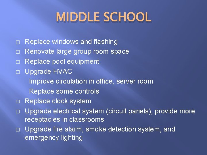 MIDDLE SCHOOL � � � � Replace windows and flashing Renovate large group room MIDDLE SCHOOL � � � � Replace windows and flashing Renovate large group room
