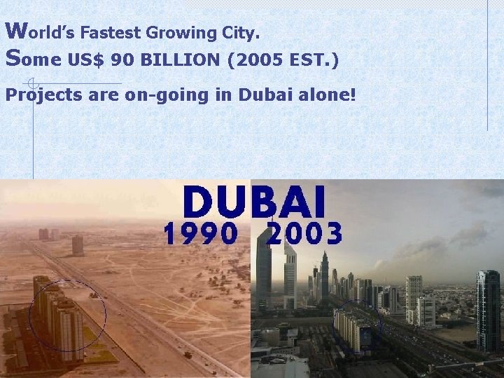 World’s Fastest Growing City. Some US$ 90 BILLION (2005 EST. ) Projects are on-going