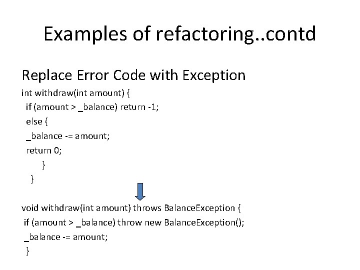 Examples of refactoring. . contd Replace Error Code with Exception int withdraw(int amount) {
