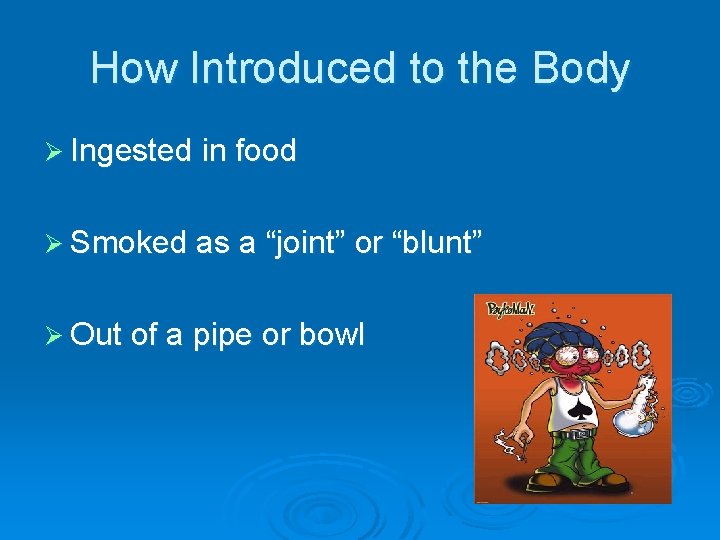 How Introduced to the Body Ø Ingested in food Ø Smoked as a “joint”