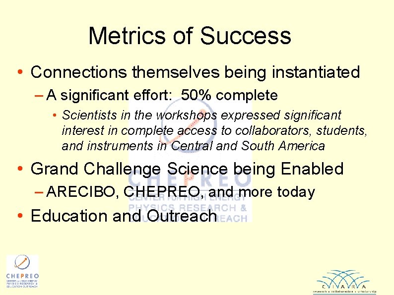 Metrics of Success • Connections themselves being instantiated – A significant effort: 50% complete