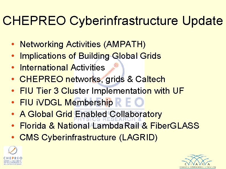 CHEPREO Cyberinfrastructure Update • • • Networking Activities (AMPATH) Implications of Building Global Grids