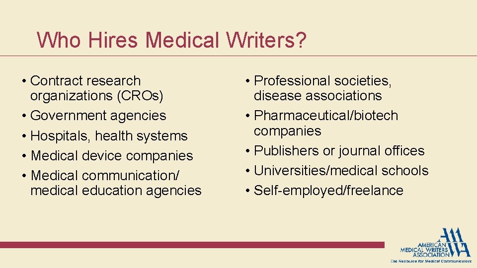 Who Hires Medical Writers? • Contract research organizations (CROs) • Government agencies • Hospitals, Who Hires Medical Writers? • Contract research organizations (CROs) • Government agencies • Hospitals,