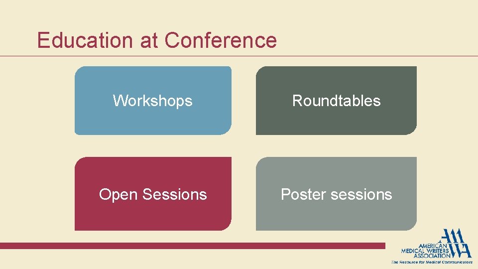 Education at Conference Workshops Roundtables Open Sessions Poster sessions Education at Conference Workshops Roundtables Open Sessions Poster sessions