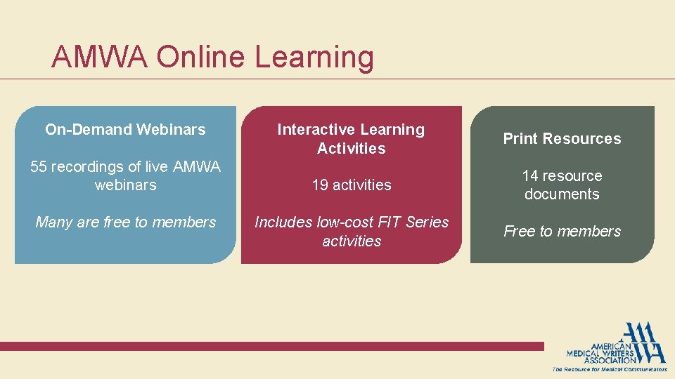 AMWA Online Learning On-Demand Webinars 55 recordings of live AMWA webinars Many are free AMWA Online Learning On-Demand Webinars 55 recordings of live AMWA webinars Many are free