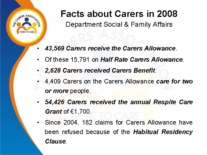 Facts about Carers in 2008 Department Social & Family Affairs • 43, 569 Carers