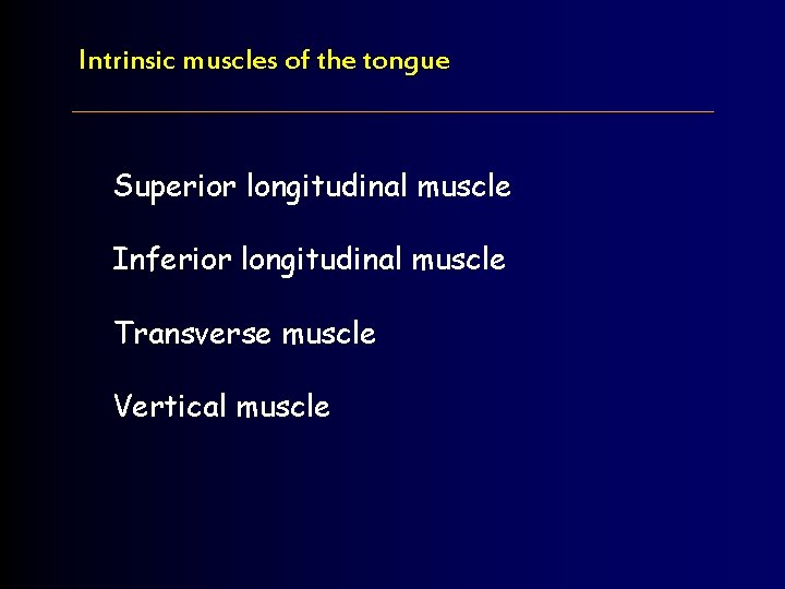 Intrinsic muscles of the tongue Superior longitudinal muscle Inferior longitudinal muscle Transverse muscle Vertical