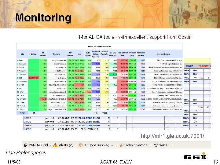 Monitoring Mon. ALISA tools - with excellent support from Costin http: //mlr 1. gla.