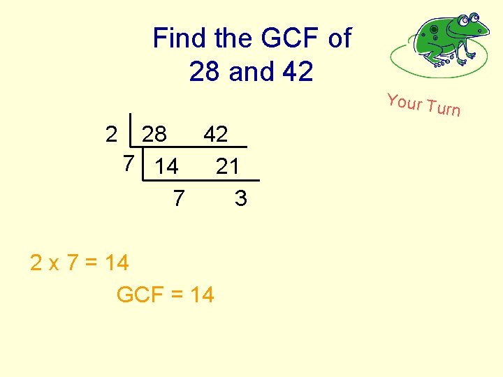 Find the GCF of 28 and 42 Your Tu rn 2 28 42 7