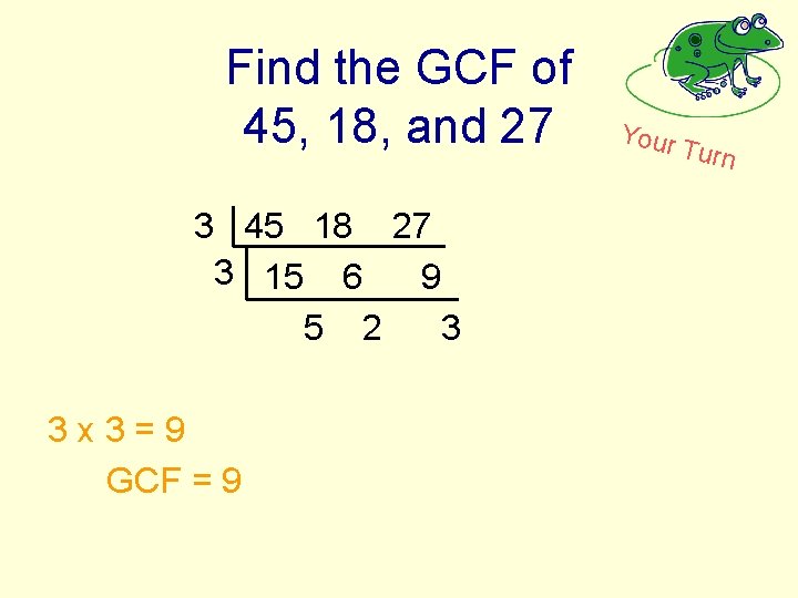 Find the GCF of 45, 18, and 27 3 45 18 27 3 15