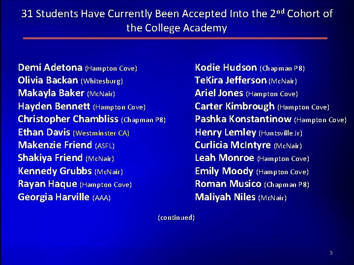 31 Students Have Currently Been Accepted Into the 2 nd Cohort of the College