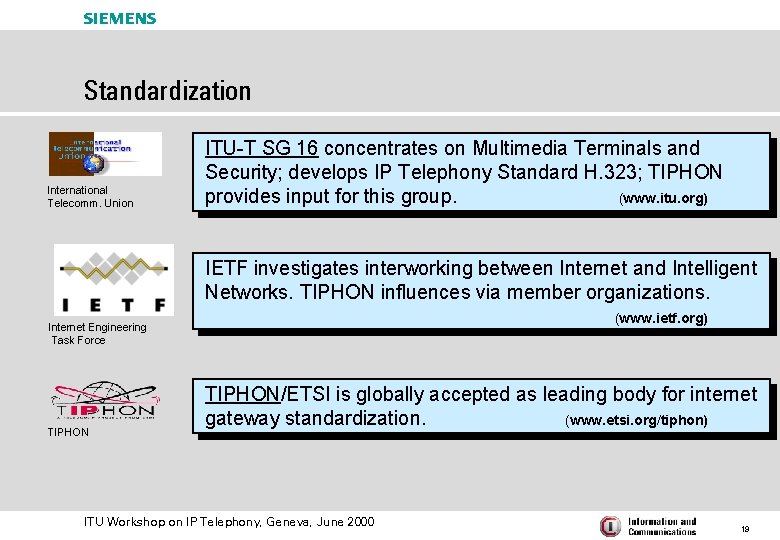 s Standardization International Telecomm. Union ITU-T SG 16 concentrates on Multimedia Terminals and Security;