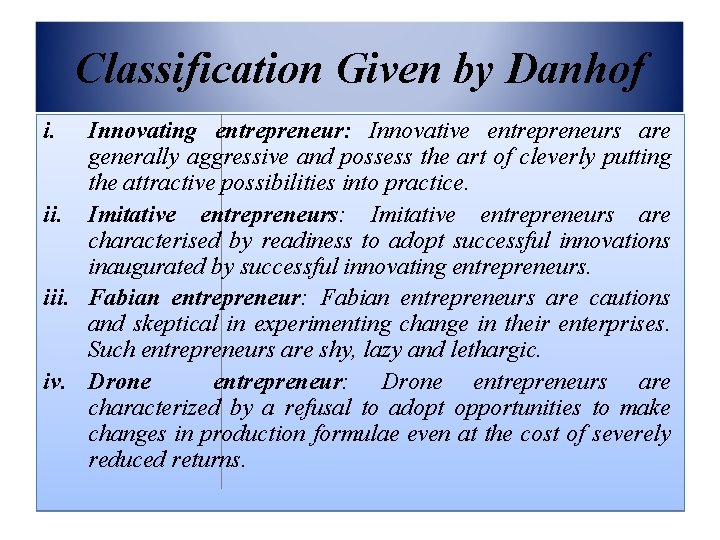 Classification Given by Danhof i. Innovating entrepreneur: Innovative entrepreneurs are generally aggressive and possess