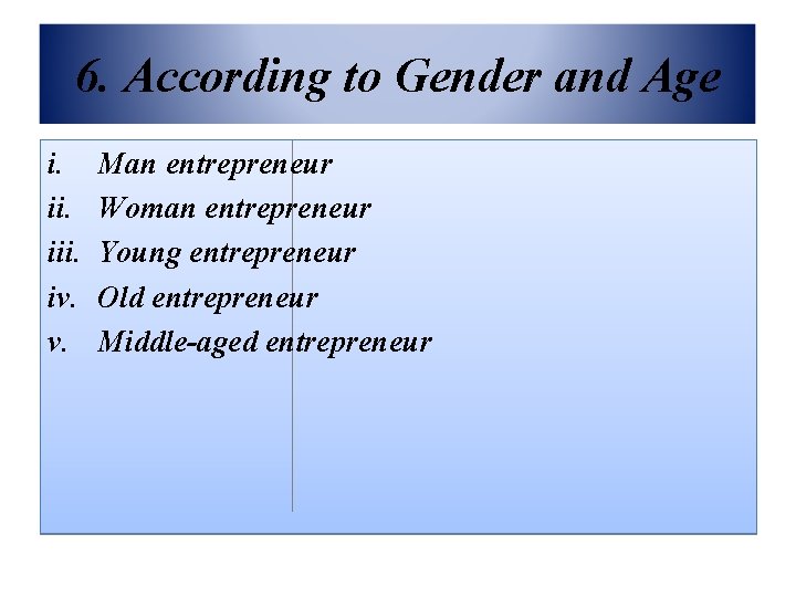6. According to Gender and Age i. iii. iv. v. Man entrepreneur Woman entrepreneur