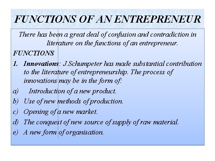 FUNCTIONS OF AN ENTREPRENEUR There has been a great deal of confusion and contradiction