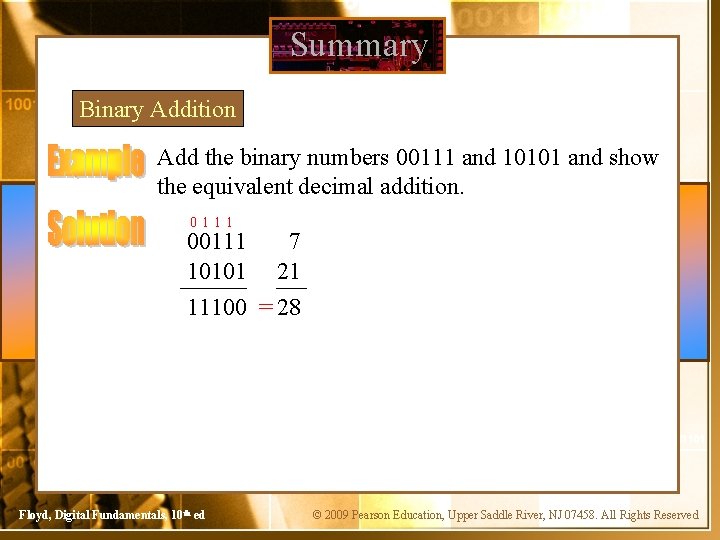 Summary Binary Addition Add the binary numbers 00111 and 10101 and show the equivalent
