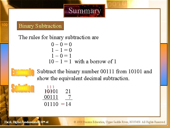 Summary Binary Subtraction The rules for binary subtraction are 0 - 0 = 0
