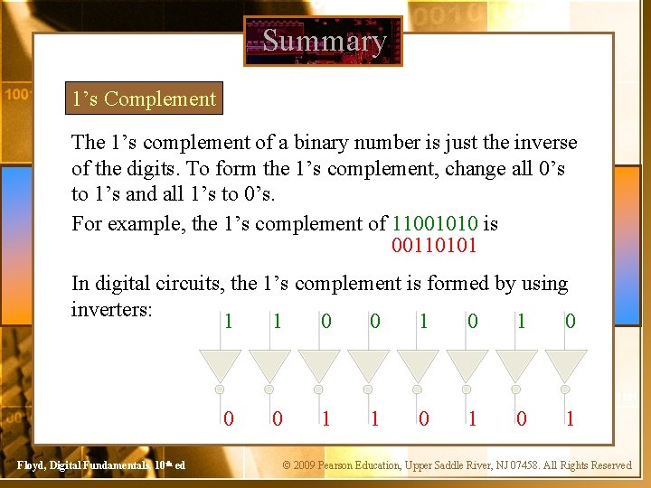 Summary 1’s Complement The 1’s complement of a binary number is just the inverse