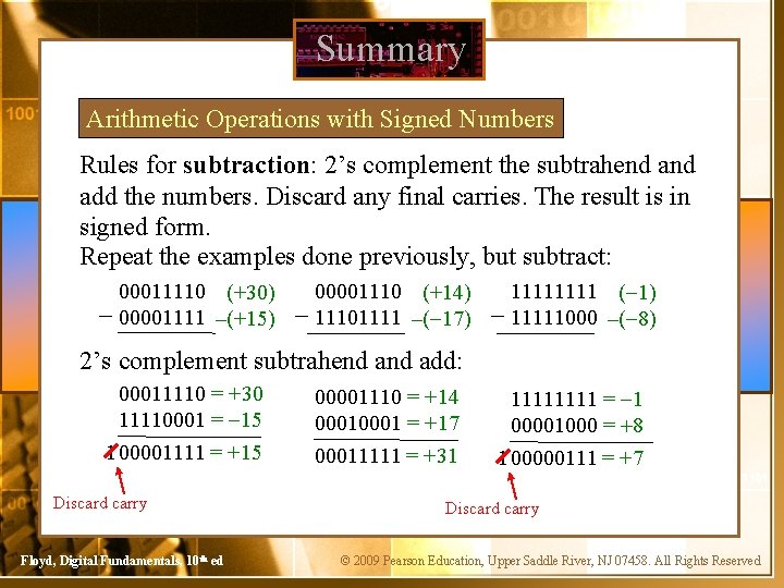 Summary Arithmetic Operations with Signed Numbers Rules for subtraction: 2’s complement the subtrahend add