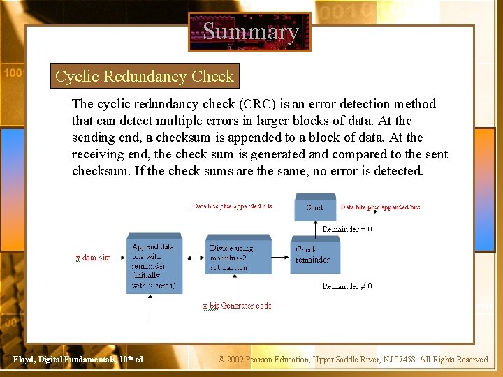Summary Cyclic Redundancy Check The cyclic redundancy check (CRC) is an error detection method
