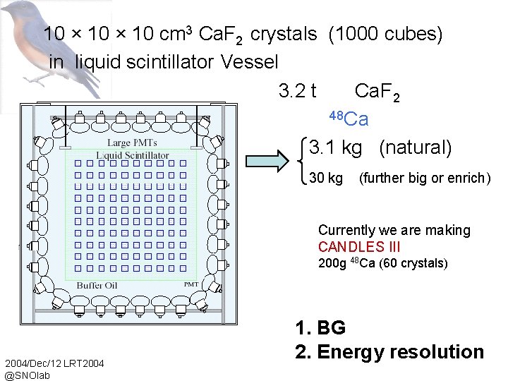 10 × 10 cm 3 Ca. F 2 crystals (1000 cubes) in liquid scintillator