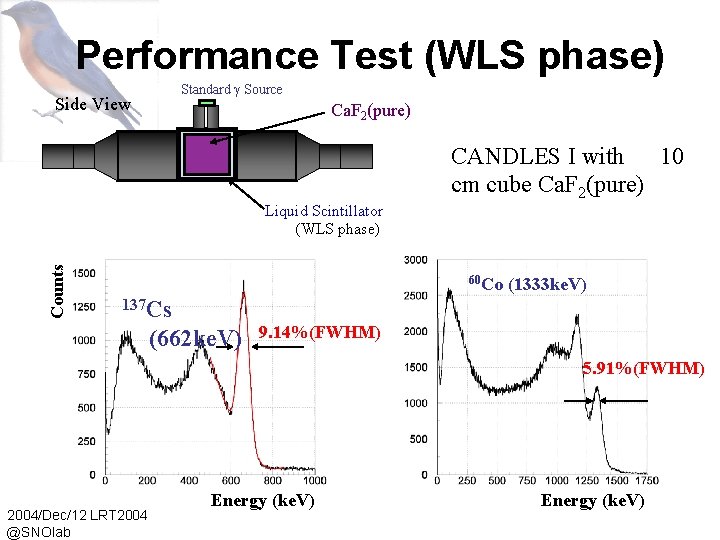 Performance Test (WLS phase) Standard Source Side View Ca. F 2(pure) Counts Liquid Scintillator