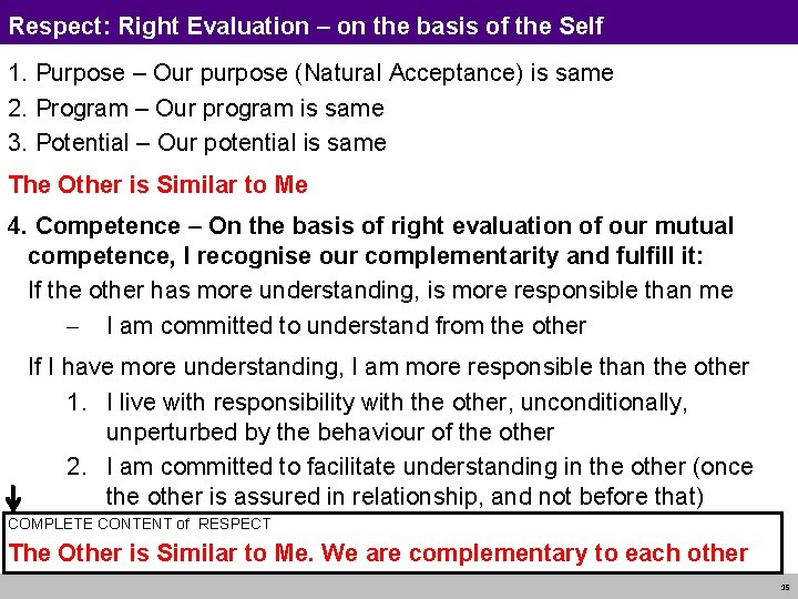 Respect: Right Evaluation – on the basis of the Self 1. Purpose – Our