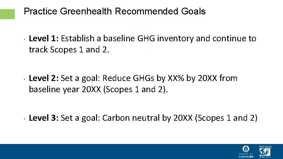 Practice Greenhealth Recommended Goals • • • Level 1: Establish a baseline GHG inventory