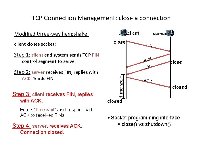 TCP Connection Management: close a connection client Modified three-way handshake: client closes socket: close