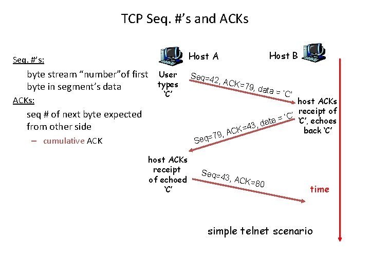 TCP Seq. #’s and ACKs byte stream “number”of first byte in segment’s data ACKs: