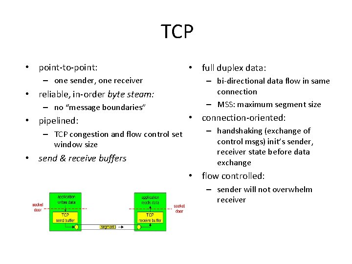 TCP • point-to-point: – one sender, one receiver • reliable, in-order byte steam: –