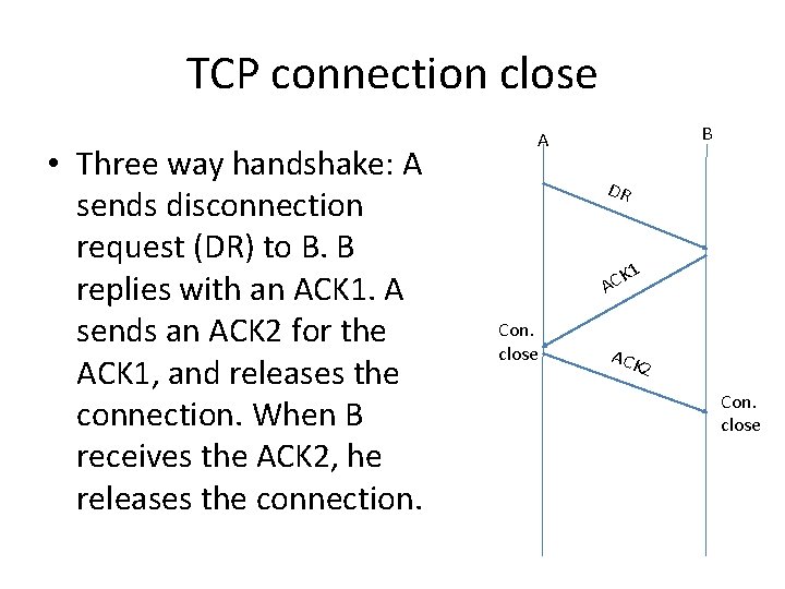 TCP connection close • Three way handshake: A sends disconnection request (DR) to B.