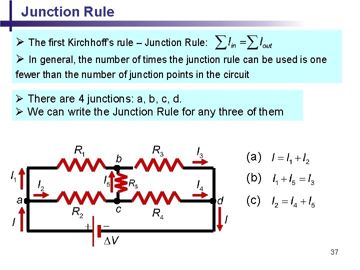 Junction Rule Ø The first Kirchhoff’s rule – Junction Rule: Ø In general, the
