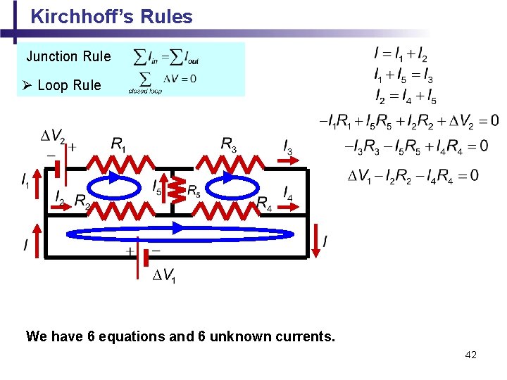 Kirchhoff’s Rules Junction Rule Ø Loop Rule We have 6 equations and 6 unknown
