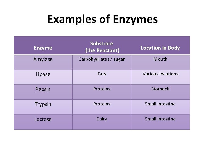Examples of Enzymes Enzyme Substrate (the Reactant) Location in Body Amylase Carbohydrates / sugar
