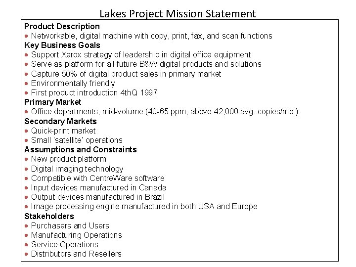 Lakes Project Mission Statement Product Description · Networkable, digital machine with copy, print, fax, Lakes Project Mission Statement Product Description · Networkable, digital machine with copy, print, fax,