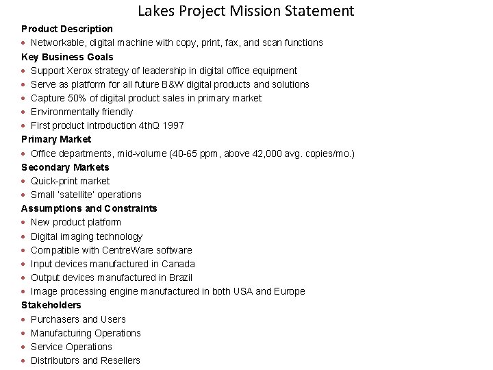 Lakes Project Mission Statement Product Description · Networkable, digital machine with copy, print, fax, Lakes Project Mission Statement Product Description · Networkable, digital machine with copy, print, fax,