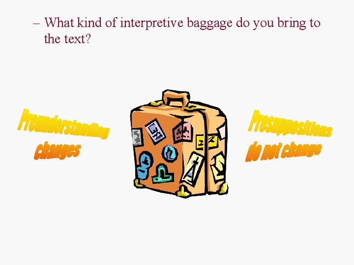 – What kind of interpretive baggage do you bring to the text? 