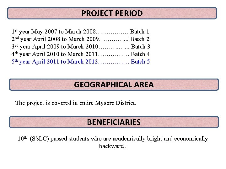 PROJECT PERIOD 1 st year May 2007 to March 2008…………. … Batch 1 2