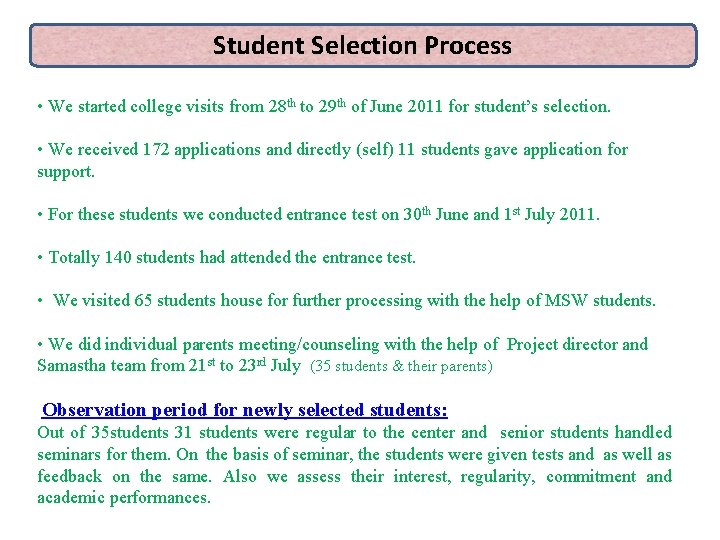 Student Selection Process • We started college visits from 28 th to 29 th