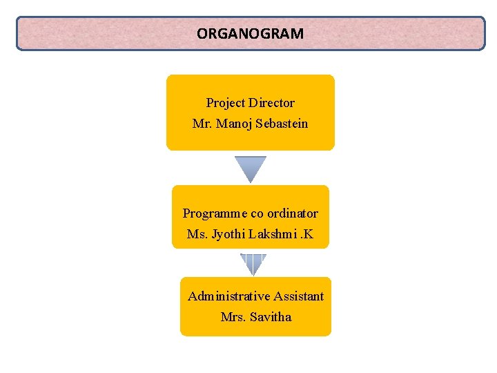 ORGANOGRAM Project Director Mr. Manoj Sebastein Programme co ordinator Ms. Jyothi Lakshmi. K Administrative