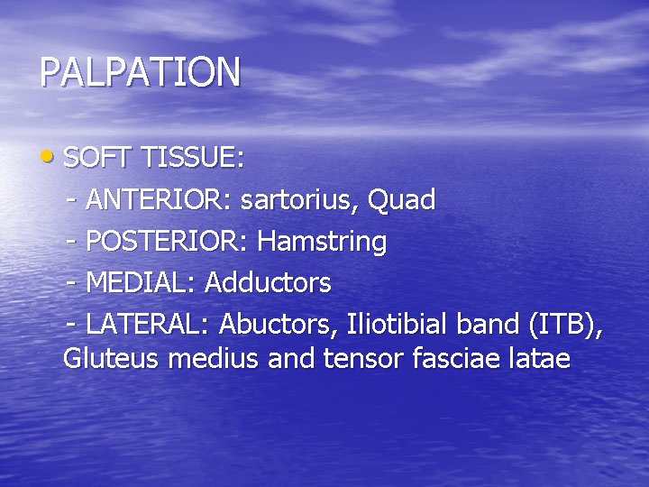 PALPATION • SOFT TISSUE: - ANTERIOR: sartorius, Quad - POSTERIOR: Hamstring - MEDIAL: Adductors