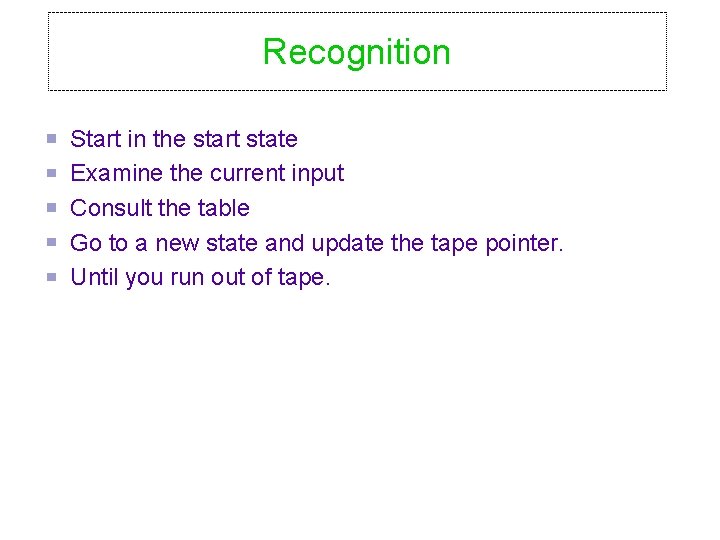 Recognition Start in the start state Examine the current input Consult the table Go