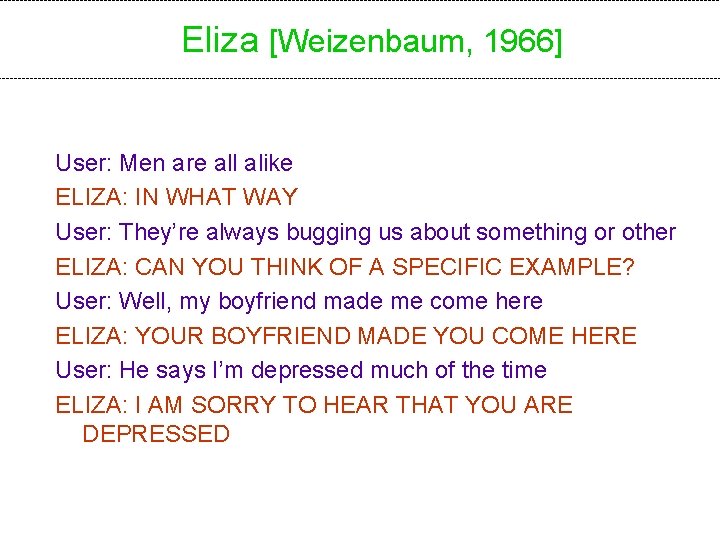 Eliza [Weizenbaum, 1966] User: Men are all alike ELIZA: IN WHAT WAY User: They’re