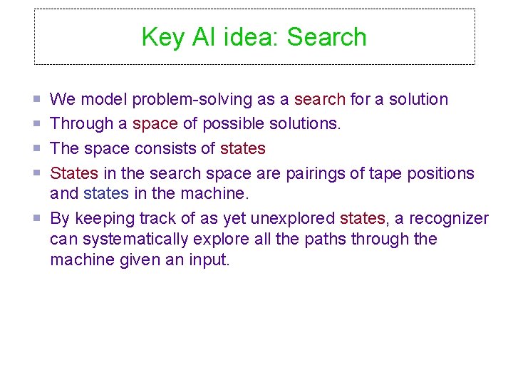 Key AI idea: Search We model problem-solving as a search for a solution Through
