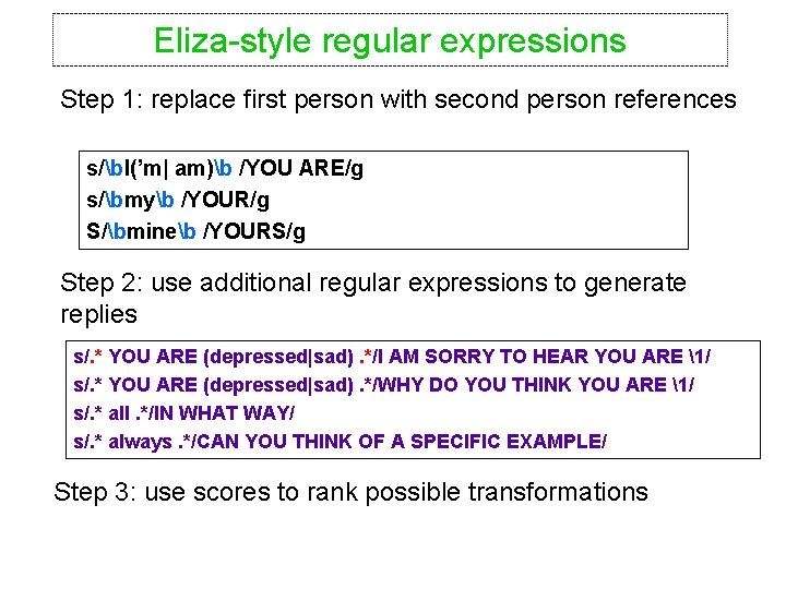 Eliza-style regular expressions Step 1: replace first person with second person references s/b. I(’m|